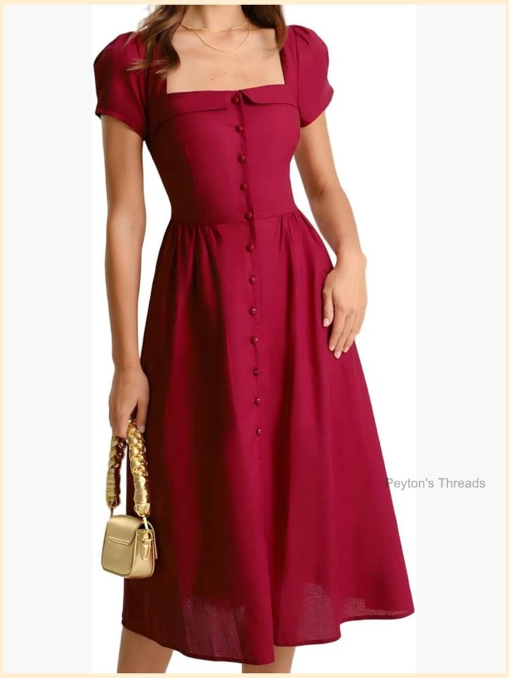 Short Sleeve Puff Square Neck A-Line Midi Dress Cotton Linen